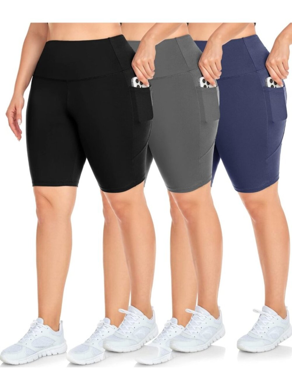 Plus Size High Waisted Biker Shorts for Women - 3 Pack with Pockets, Workout